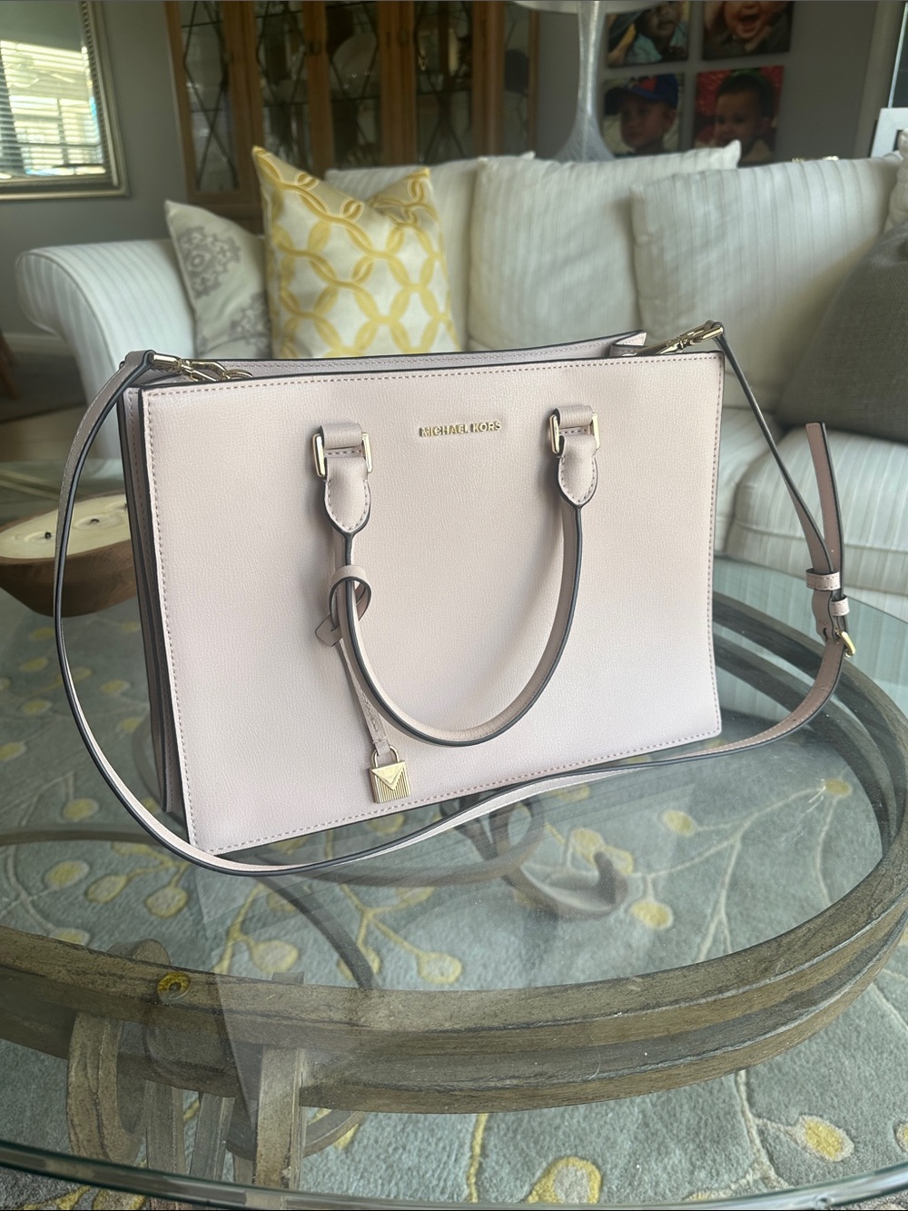 MICHAEL KORS Blush Pink Leather Satchel with Gold Hardware